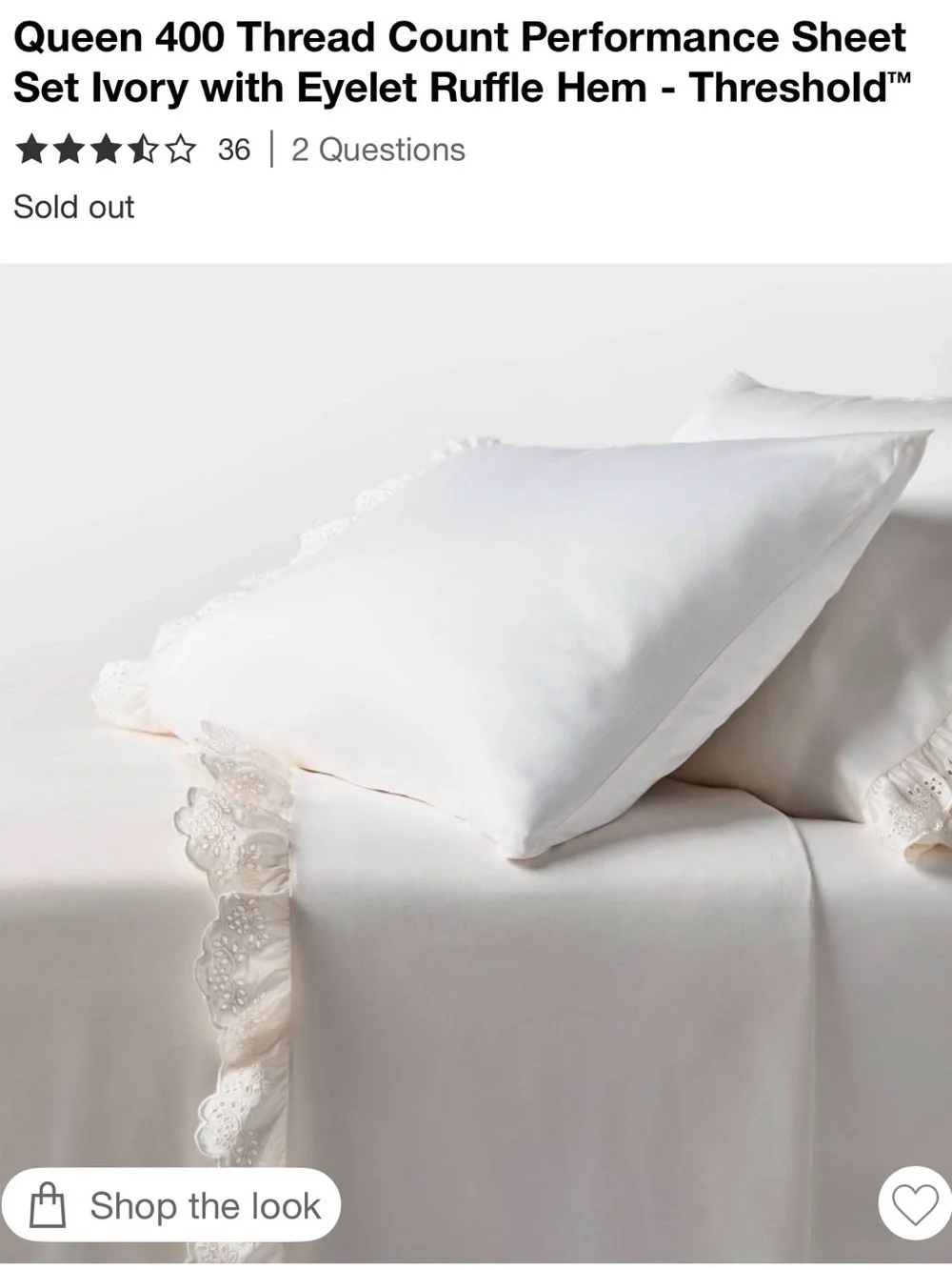 Threshold Queen 400 Thread Count Performance Sheet Set Ivory Eyelet Ruffle Hem